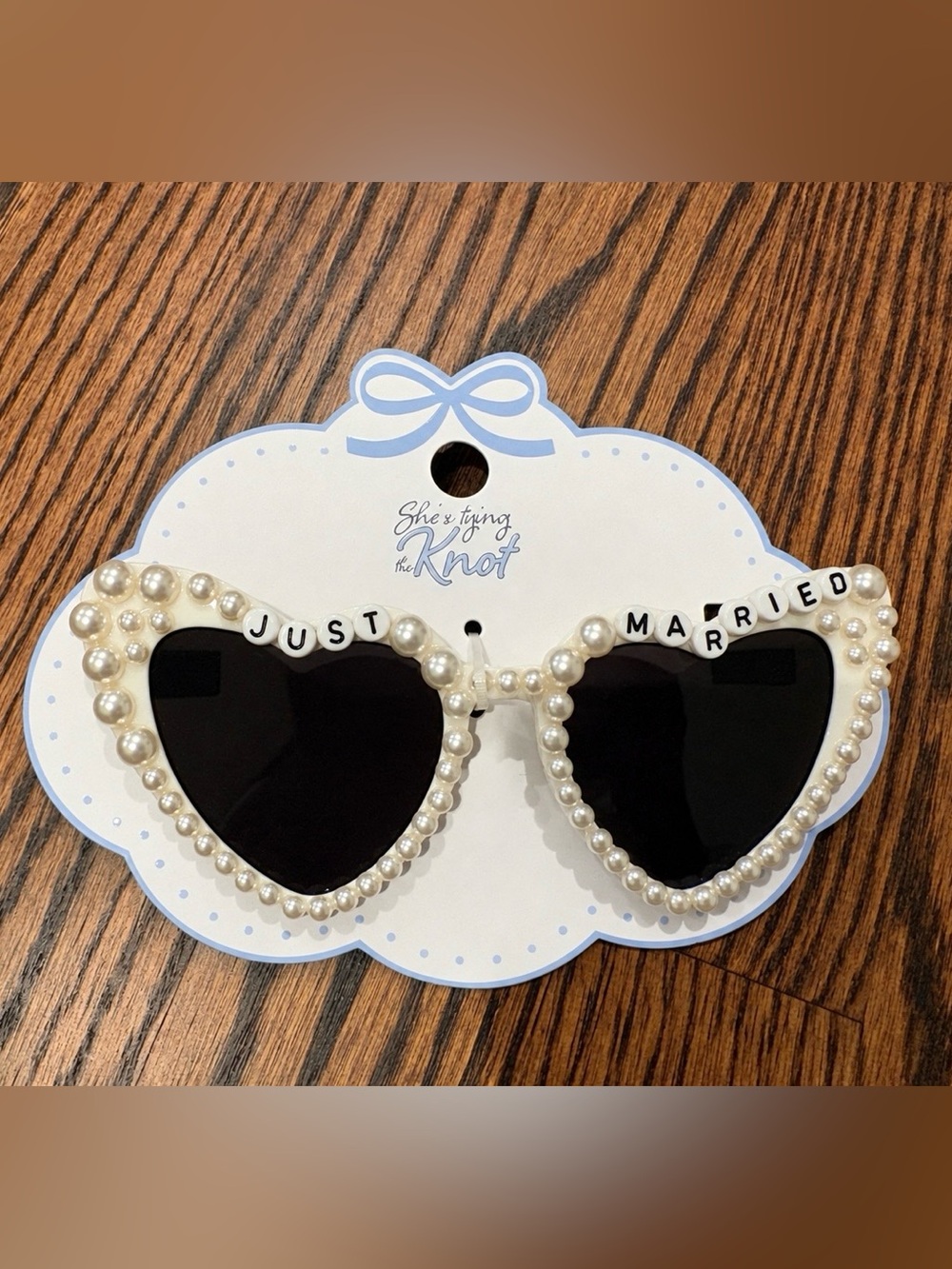 Pearl-Trim Heart “Just Married” Sunglasses - White